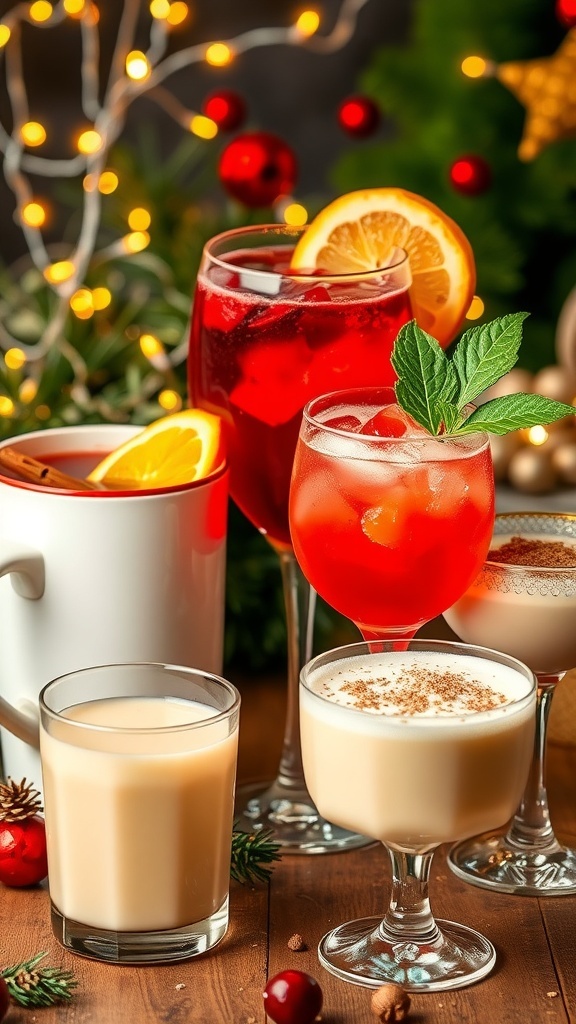 A collection of Christmas cocktails including mulled wine, cranberry fizz, and eggnog martini, set against a festive backdrop.